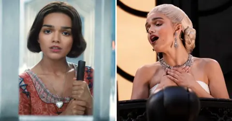 Disney/PA Media Rachel Zegler in Snow White (left) and singing from the London Palladium balcony (right)