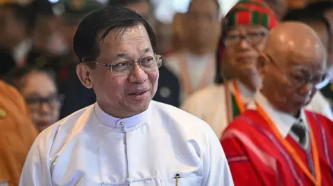 AFP via Getty Images Myanmar's junta chief Min Aung Hlaing pictured at an event in October 2025. 